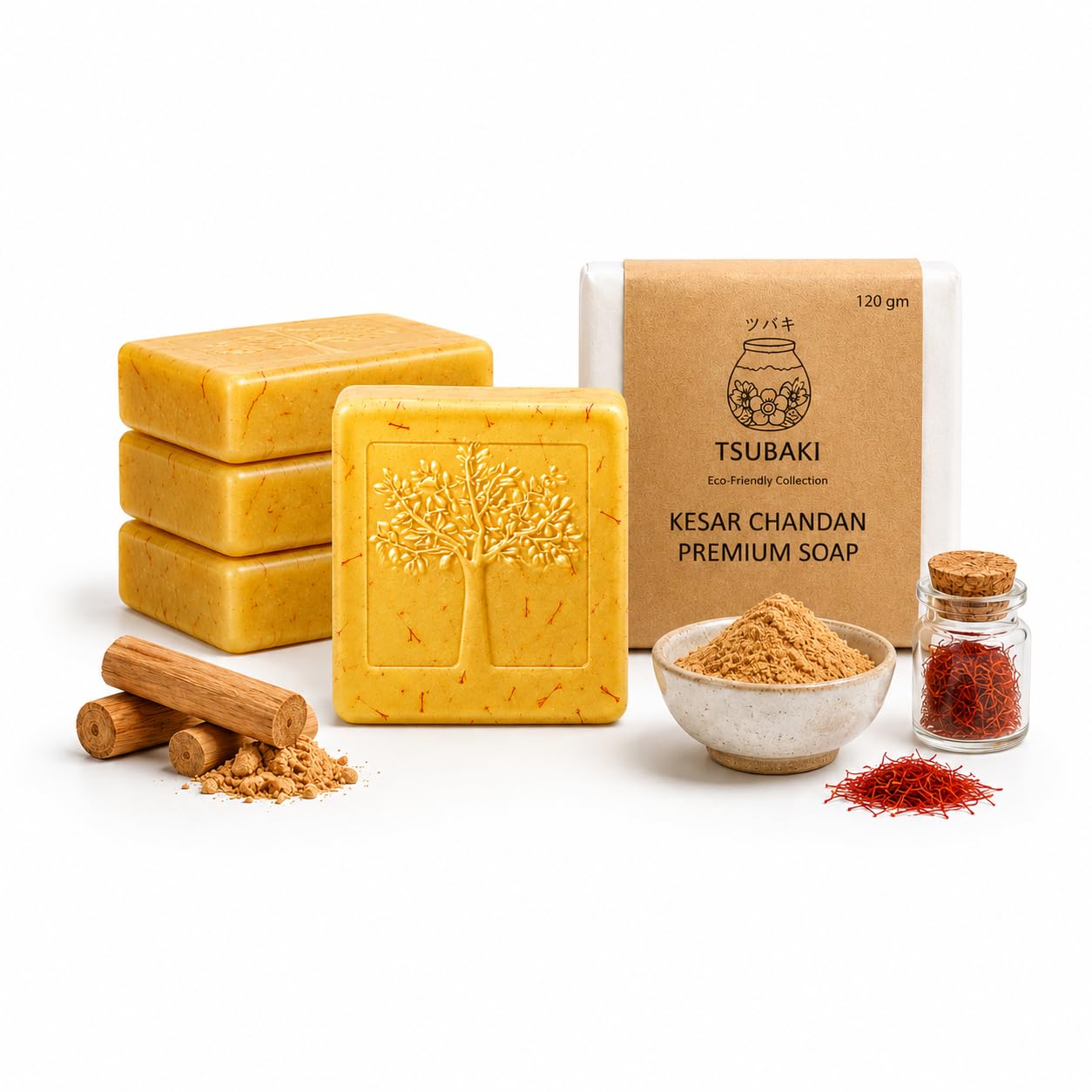 tsubaki natural handmade soap set of 4 (120g bars: pick honey , loofah , charcoal , aloe vera , papaya , red wine , neem tulsi , goat milk , shea butter , kesar chandan variants) | edta sls paraben free | luxury gift pack for glowing skin for men & women (kesar chandan premium soap)