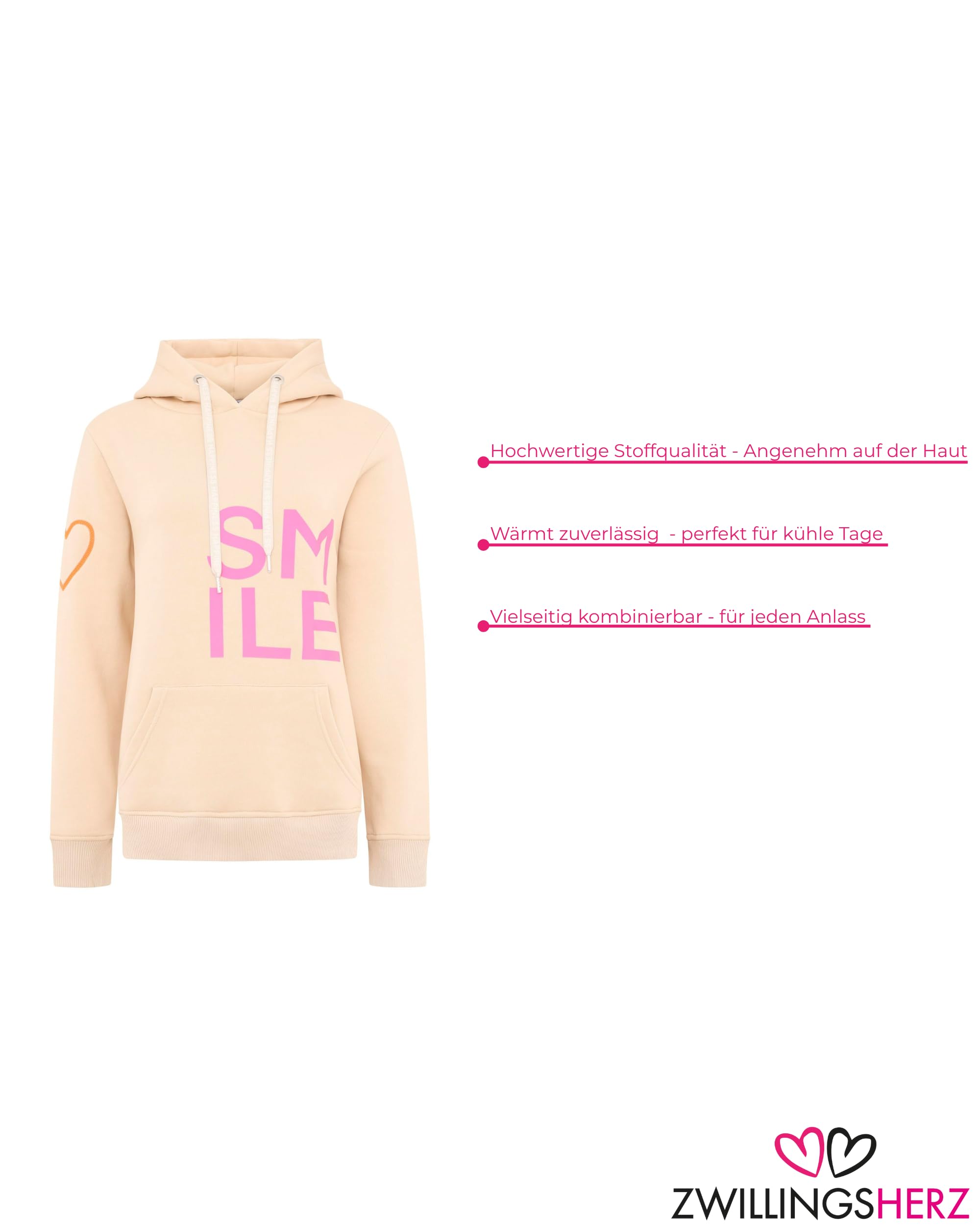 Zwillingsherz Damen Hoodie mit Kapuze – Kuscheliger Oversize Kapuzenpullover – Weicher Sweatshirt Pullover für Frauen Aufdruck – Stylischer Look für Frühling, Herbst & Winter – Loungewear Mode Smile