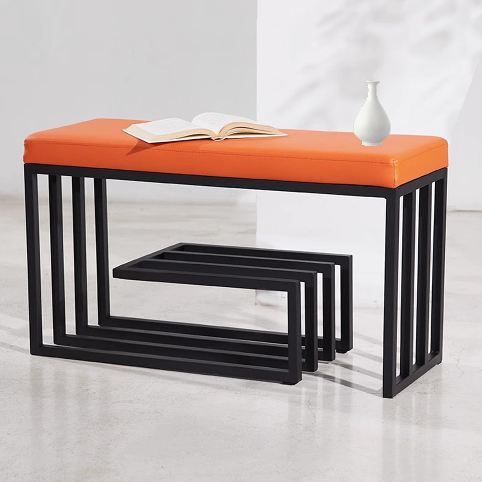 Generisch Schuhbank mit Sitzfläche, 3 Ebenen Schuhablage, Metallgestell Schwarz, Gepolsterte Sitzfläche (Orange, 80x30x45cm)