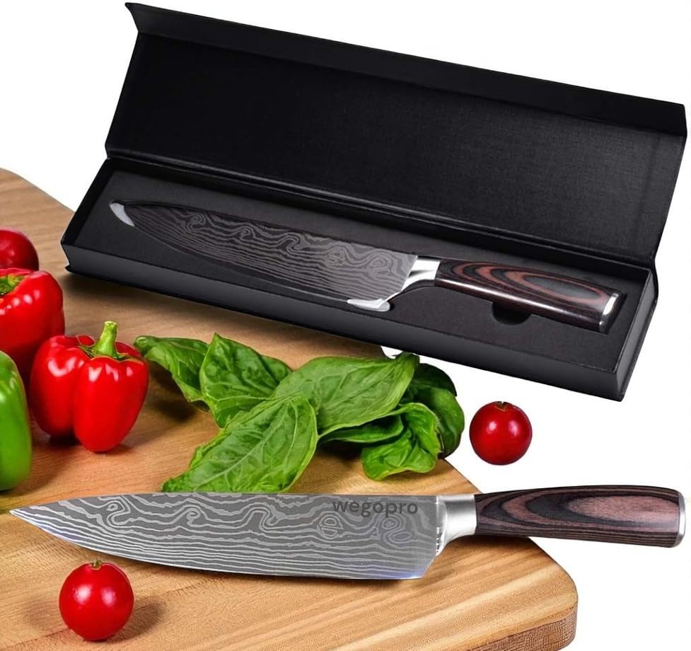 Image of Professional Damascus Steel Chef Knife, 8-inch Blade, Black Handle