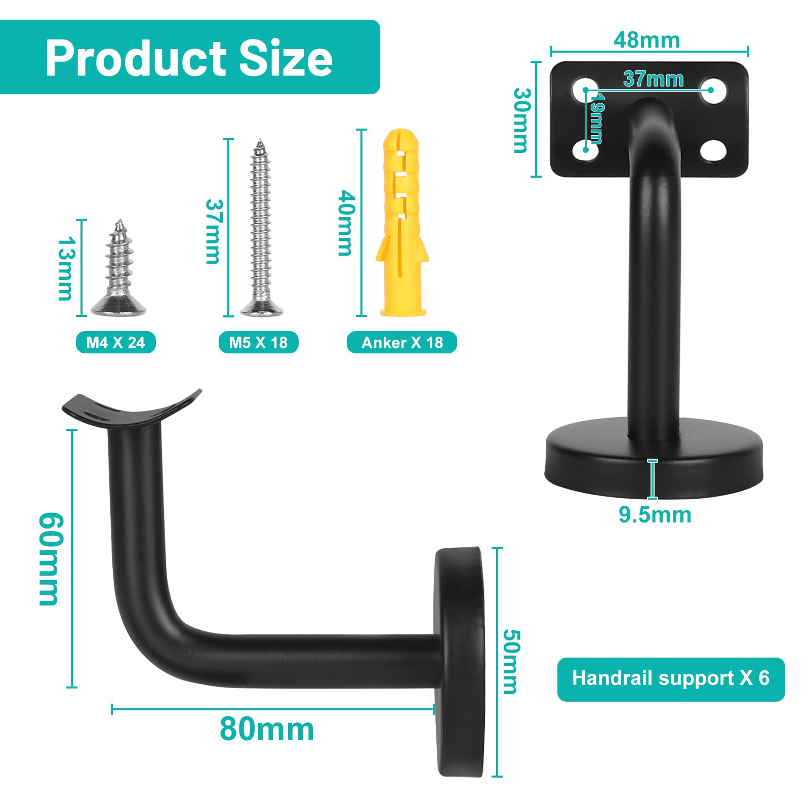 Handlaufhalter Handlaufstütze Edelstahl Handlaufträger Geländer-Halterung Handlaufhalterungen Handlauf Wandhalter für Treppengeländer, Korridor, Holz Geländer, Bannister (Krumm-Schwarz-6Pcs)