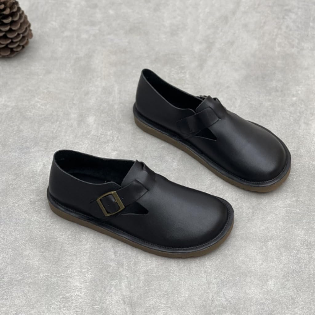 Zapatillas Mujer Planos Piel Auténtica Hebilla Punta Estilo Vintage