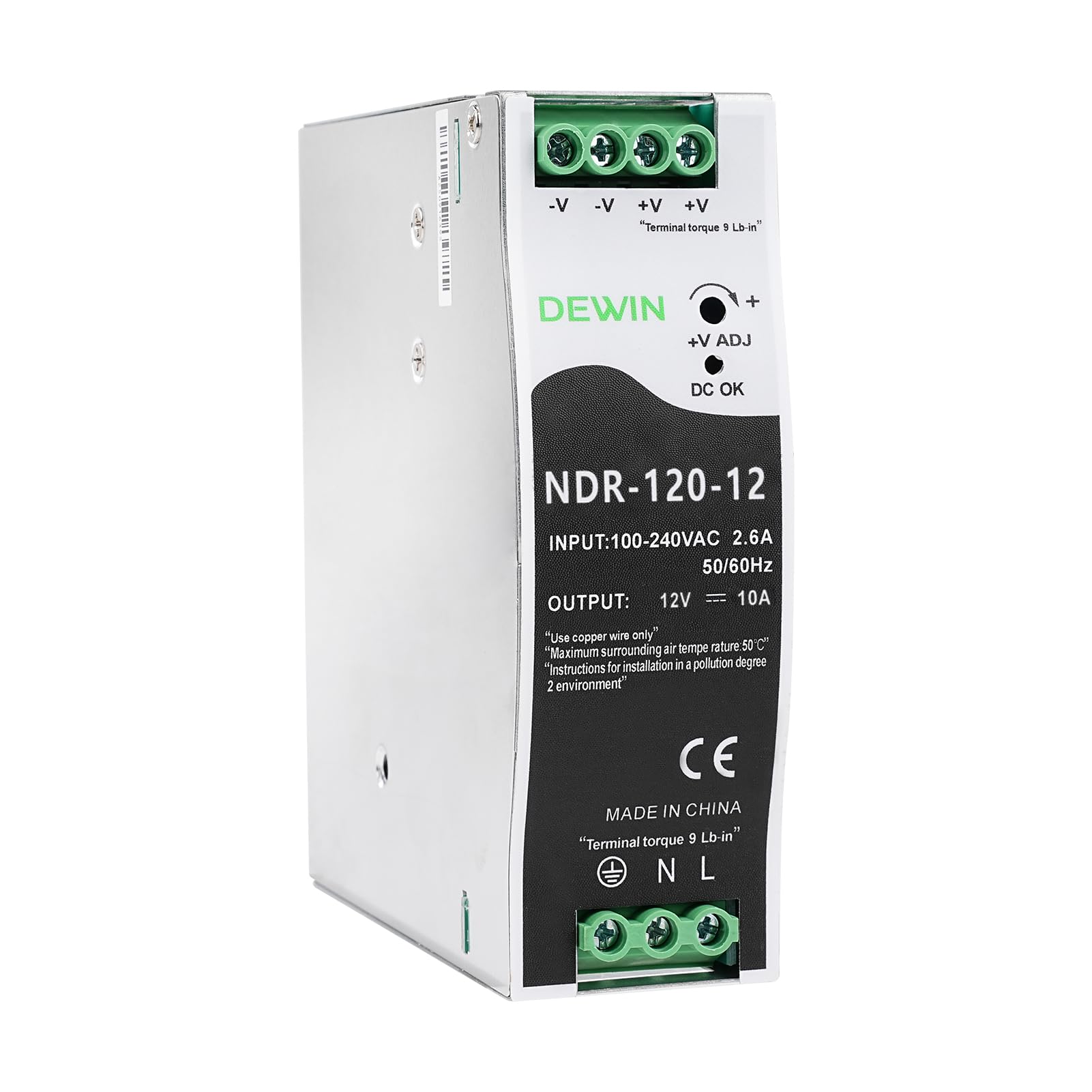 DEWIN Fuente de alimentación de carril DIN, 120W DC 12V 10A DIN rail fuente de alimentación de carril DIN