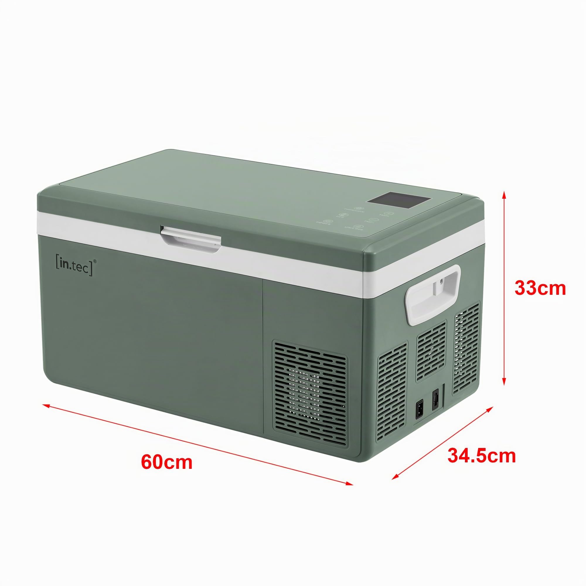 in.tec Nevera Portátil Eléctrica Arnesano Nevera Pequeña de Viaje Pantalla Digital LED con Compartimentos para Coche Barco Hogar Camping Camión hasta -20°C Plástico 15 L - Verde Militar