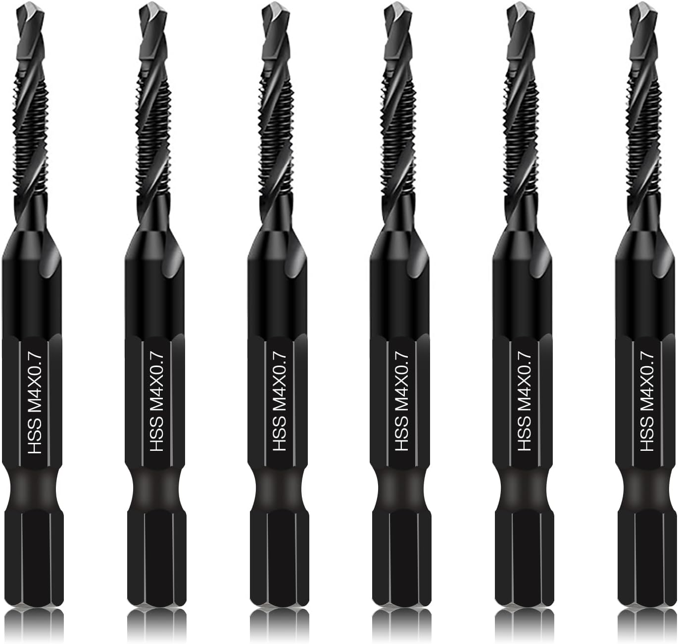 6 Packs M4 Combination Drill & Taps Bit Set, Screw Threading Tapping Tools in Size M4*0.7 with Anti-rust Black Coating, 6mm Hex Shank and Storage Case