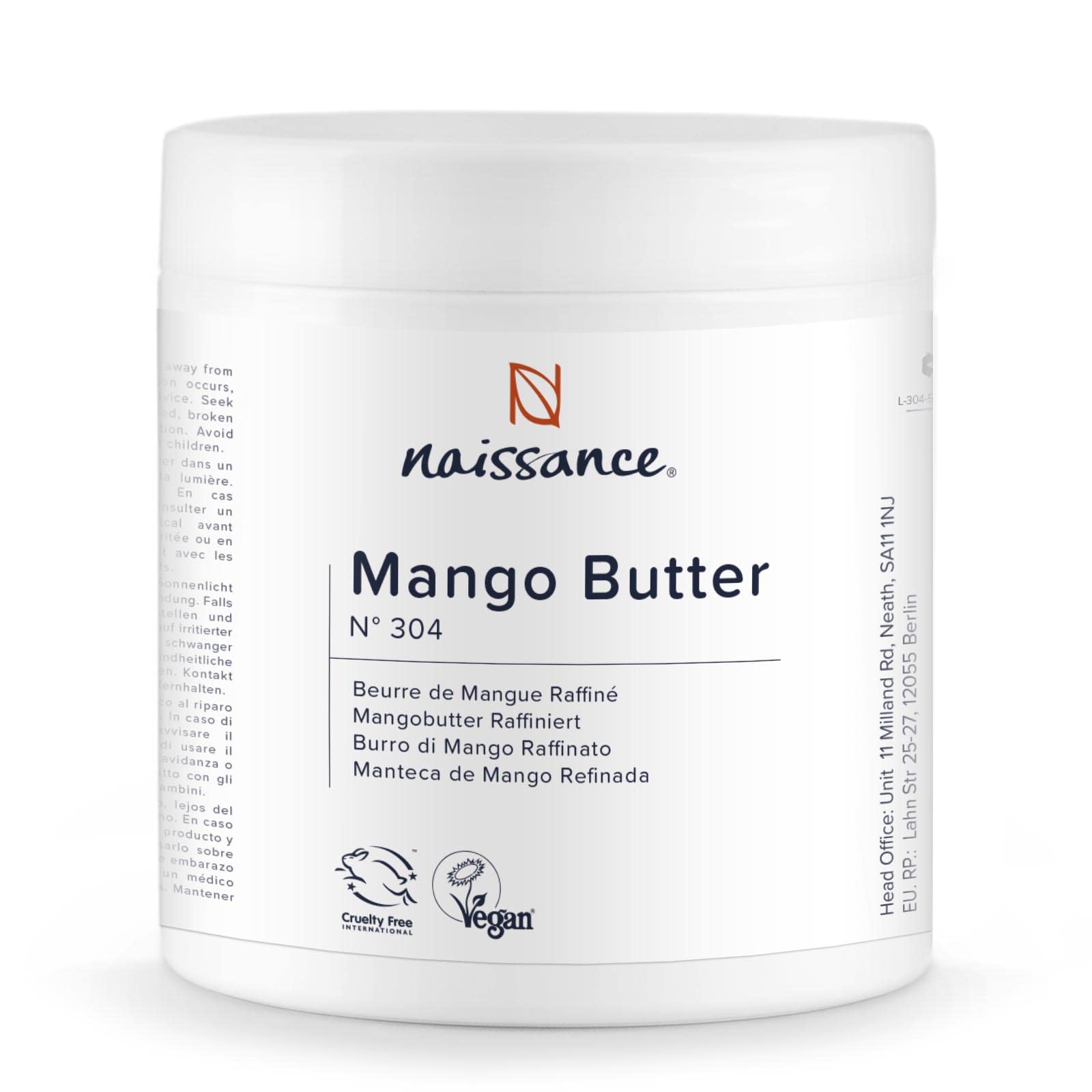 Naissance Refined Mango Butter (No. 304), 500g, Moisturising and Nourishing, for Aromatherapy Skincare, Haircare