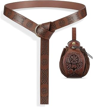 3 Pcs Halloween Renaissance Belt Pouch Coin Purse Phone Holder Skirt Hikes Medieval Viking Pirate Leather Belt Costume Sets Phoenix, Brown
