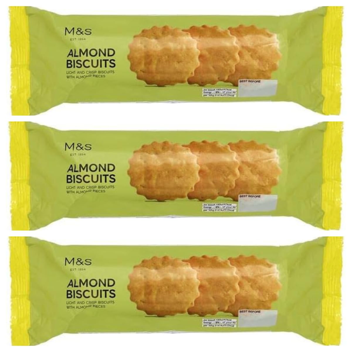 M&S Almond Biscuits Light & Crisp Biscuits with Almond Pieces 200g - 3 Pack in a Premier Life Store Box
