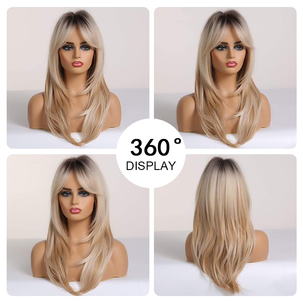 Perruques Blondes pour Femmes Perruque Longue Et Droite avec Franges Cheveux Synthétiques Dégradés avec Racines Foncées pour Un Usage Quotidien Et Festif