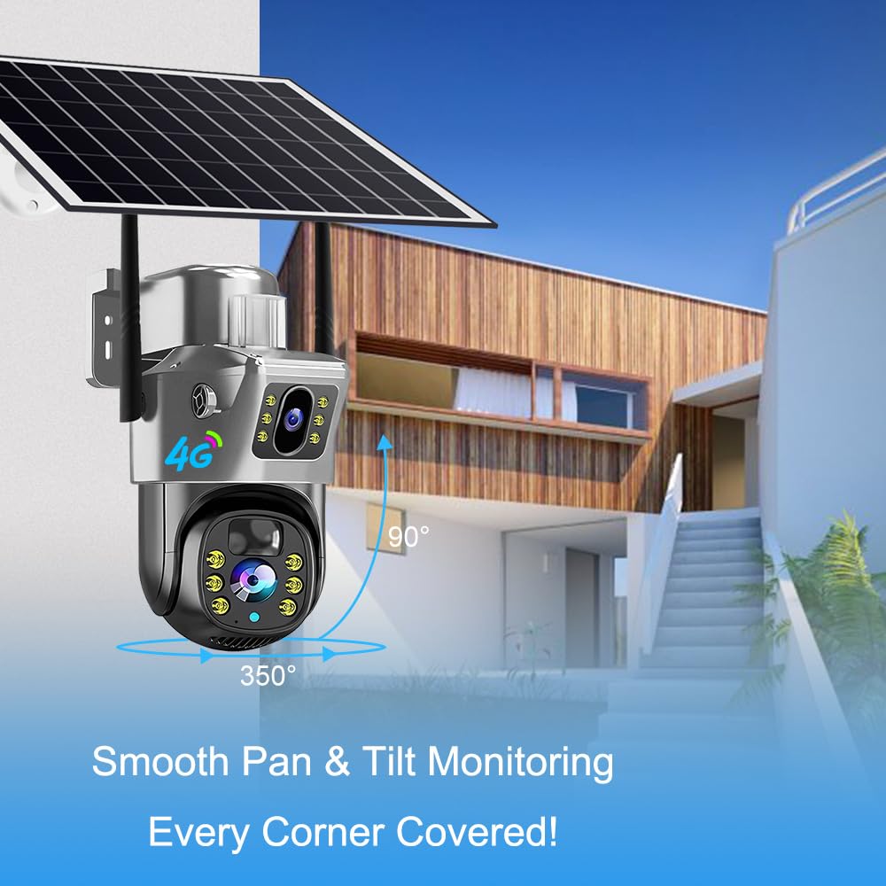 Cámara de Vigilancia Solar 4G Para Exterior, Cámara PTZ Inalámbrica Con Doble Lente y Doble Pantalla, Audio Bidireccional, Detección de Movimiento, Visión Nocturna, IP66 Impermeabile