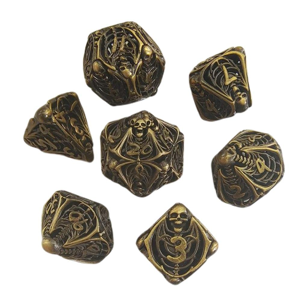 7 Stück Metall Polyeder Würfel Set Hohles Würfelset Steampunk Kupfer Rollenwürfel Zahlenwürfel mit Ornamentierten Ziffern Und Präziser Balance für, C