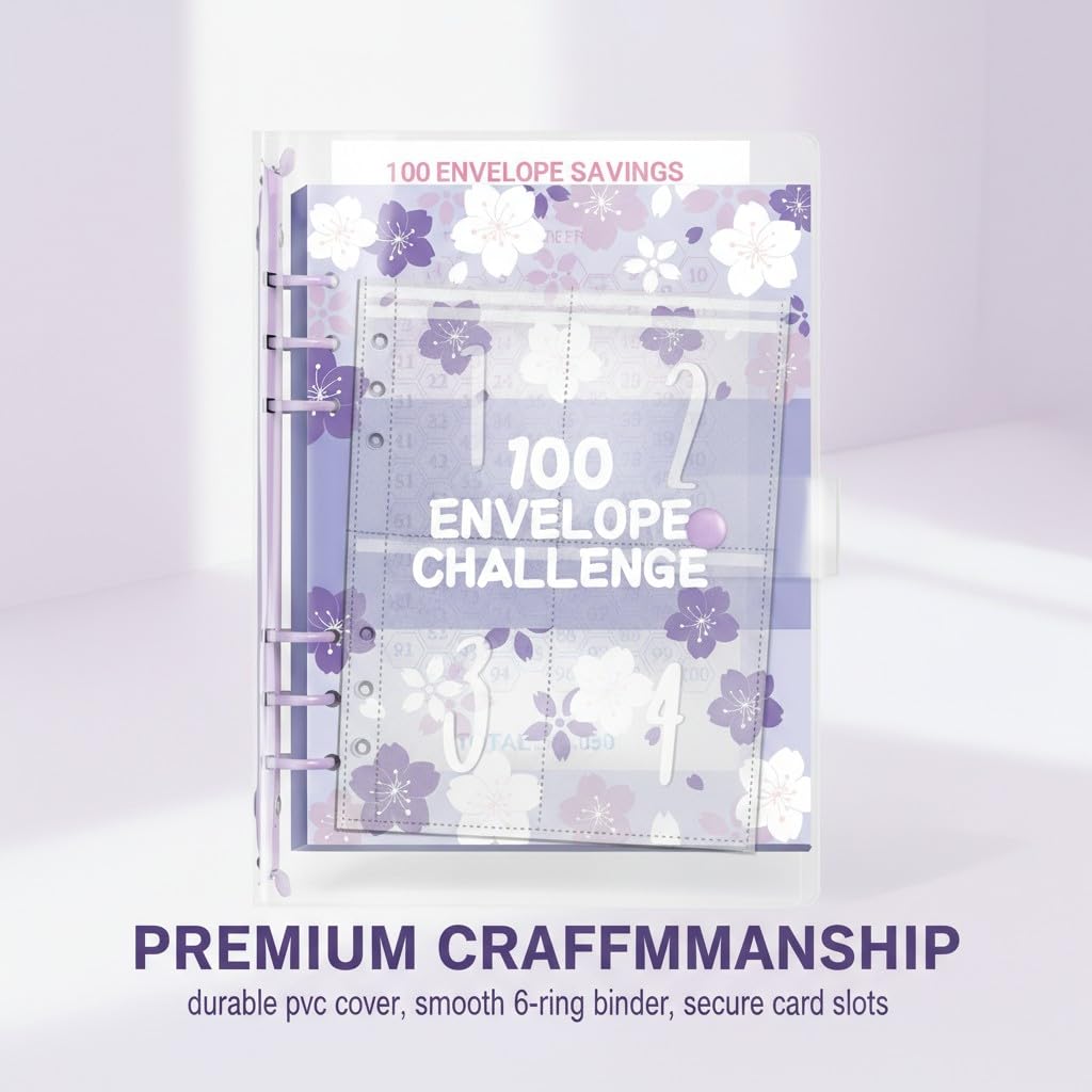 100 Envelope Savings Challenge, Libro del Risparmio A5, Budget Planner 5050€, con Buste Trasparenti e Chiusura Magnetica