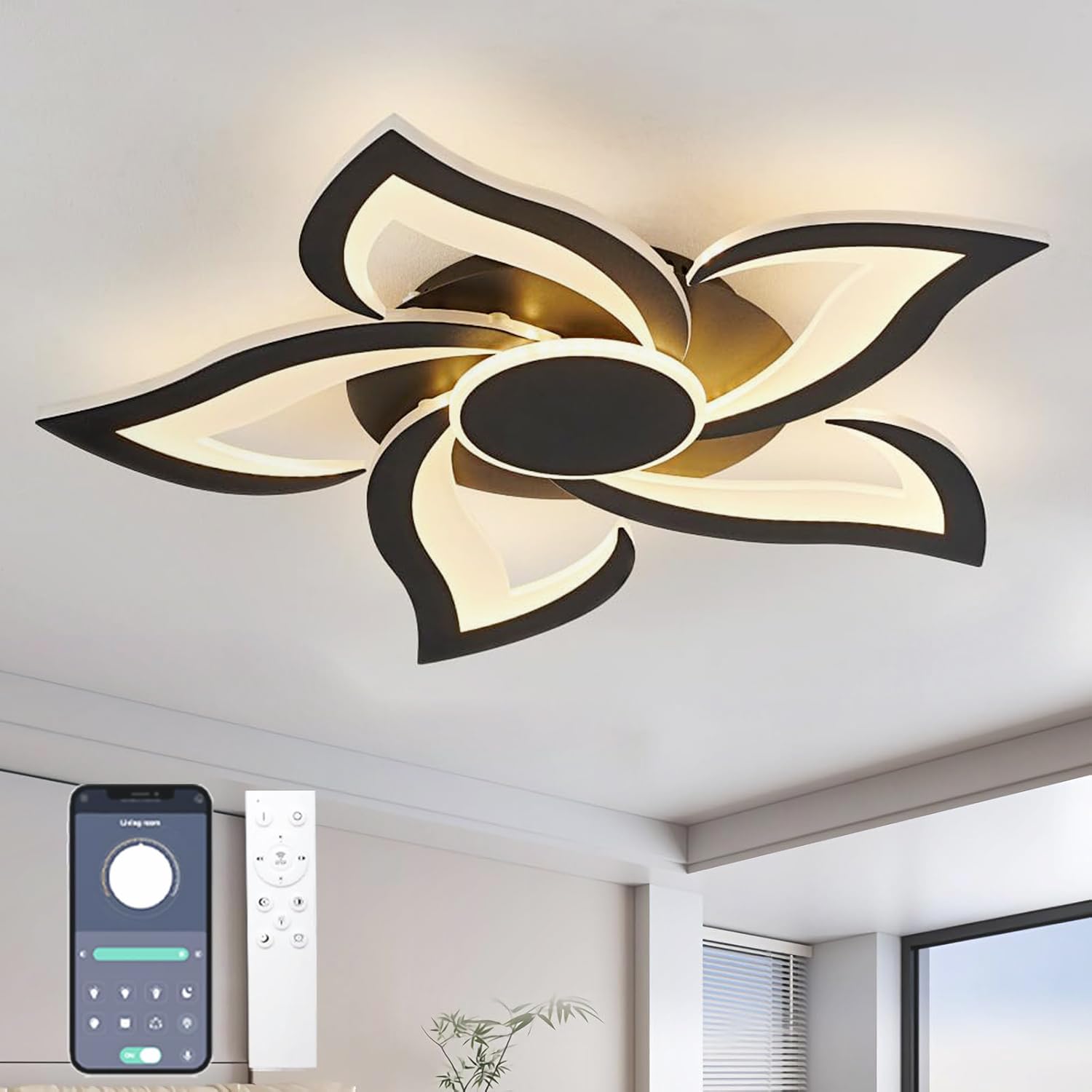 Flor Lampara Techo Con Mando A Distancia APP, LED Regulable 3000K-6000K Plafones De Techo, 36W Moderna Luces Techo Con Temporizador Para Dormitorio Cocina Sala De Estar Oficina