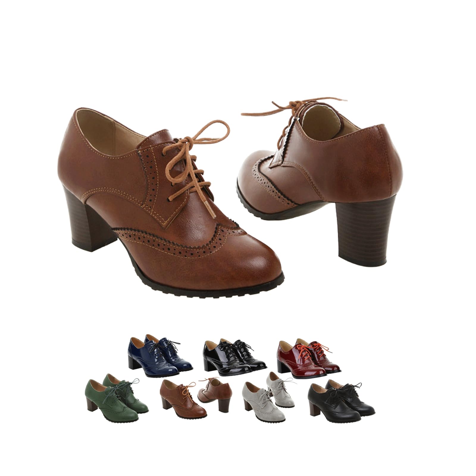 Womens Chunky High Heels - Womens Leather Vintage Oxfords Brogues Lace - Pumps Round Toe Dress Shoes