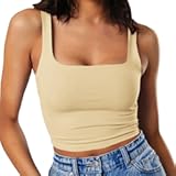 Artfish Women&apos;s Sleeveless Strappy Tank Square Neck Double Layer Workout Fitness Casual Basic Crop Tops