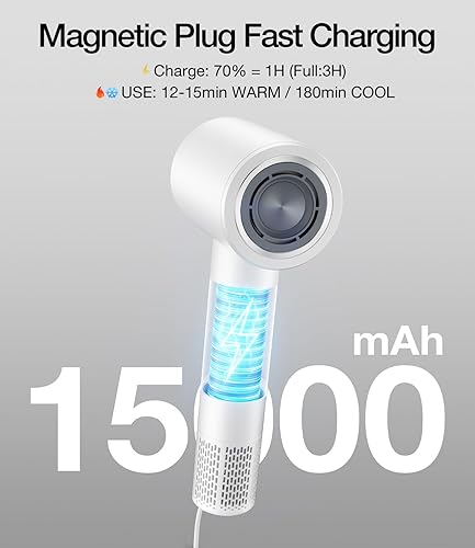 Miniatura 2 de YALICE Secador de pelo inalámbrico recargable con pantalla digital, secador de pelo de viaje de 15000 mAh con boquilla magnética, secador de pelo
