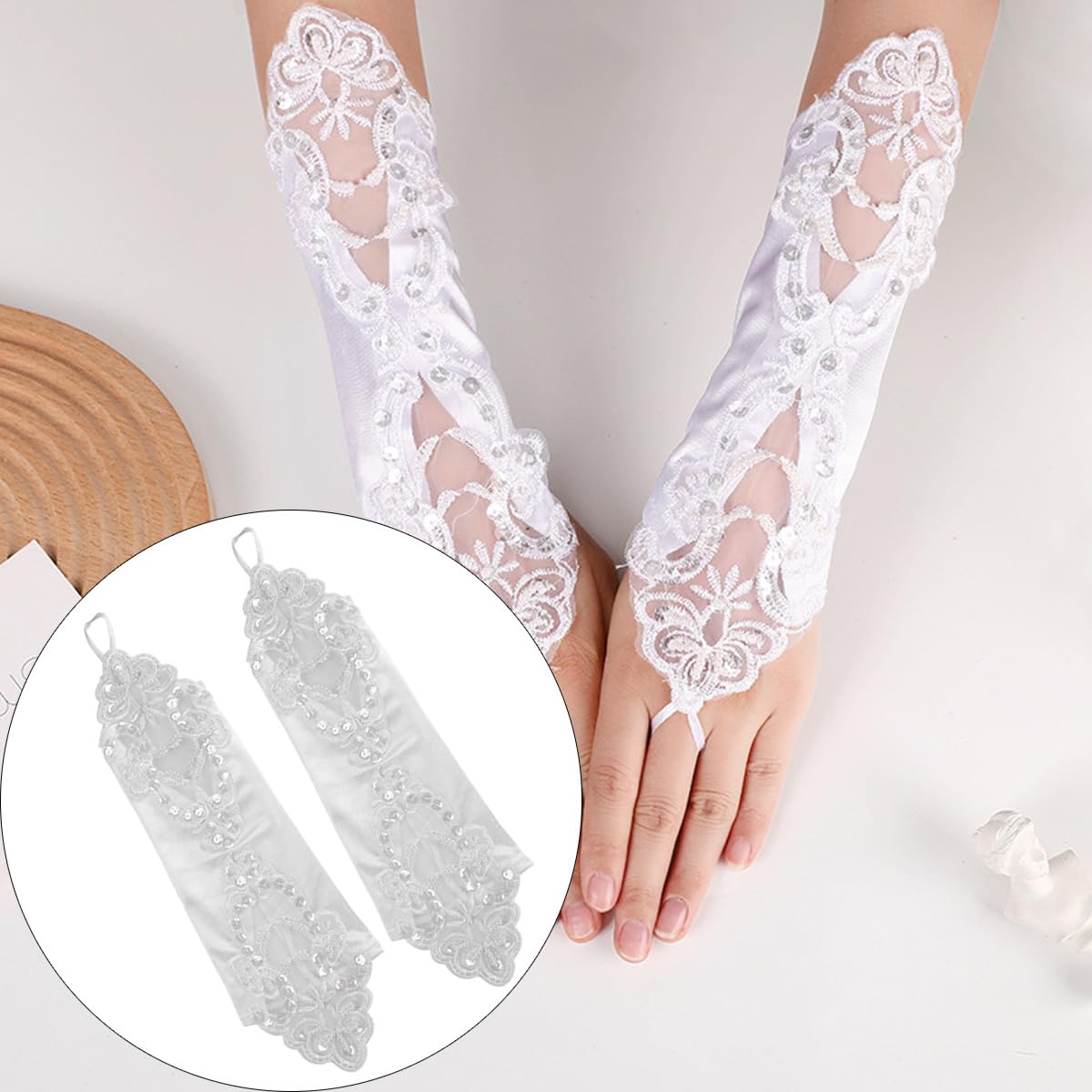 1 par de guantes largos sin dedos de satén con encaje y lentejuelas para niñas de flores, para boda, comunión, dama de honor, color blanco