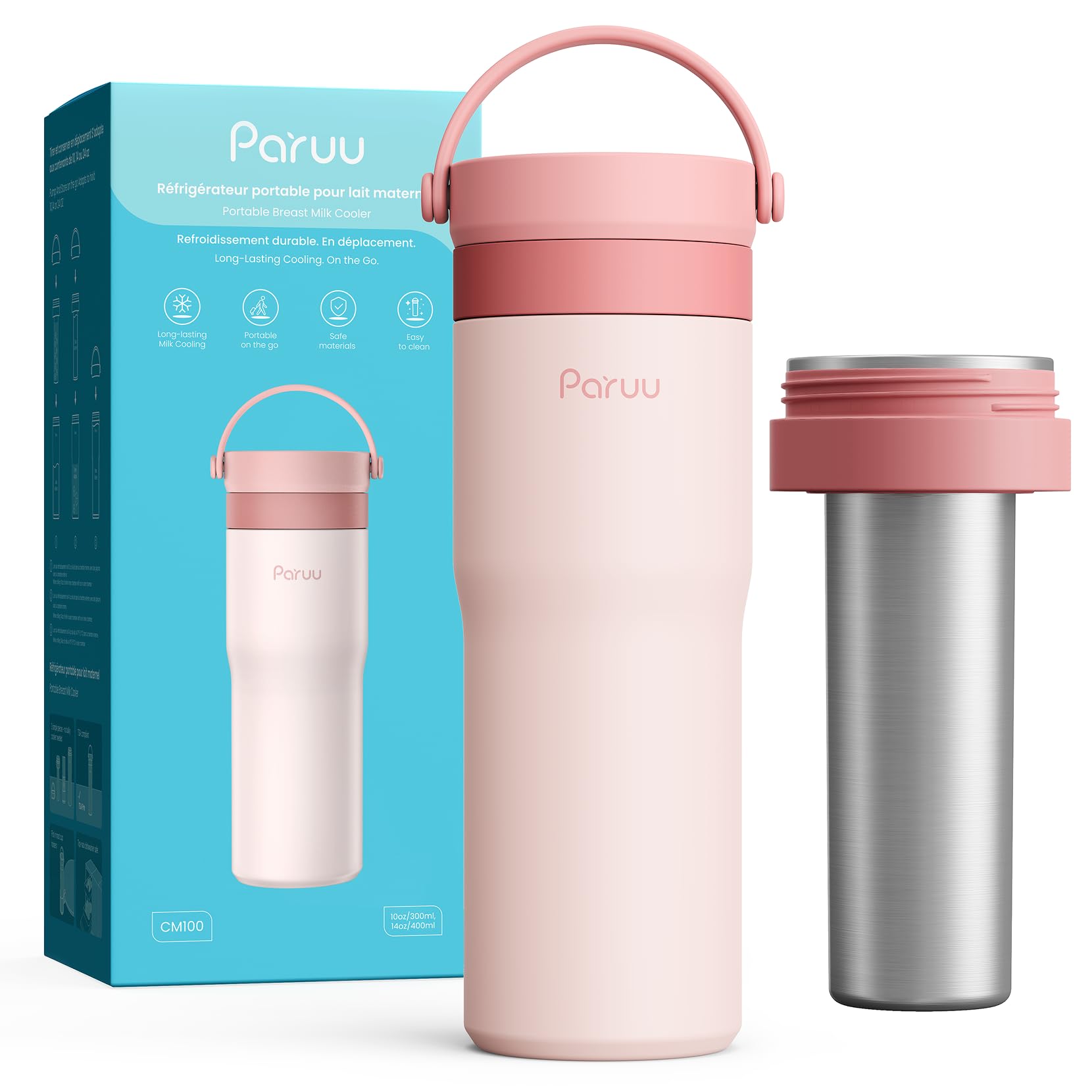 Paruu Glaciere Lait Maternel, Pot Conservation Lait Maternel Portable en Acier Inoxydable 304, Maintien Froid 14–23 Heures, Contenant de 300-700ml, pour Voyages & Activités Extérieures, Rose