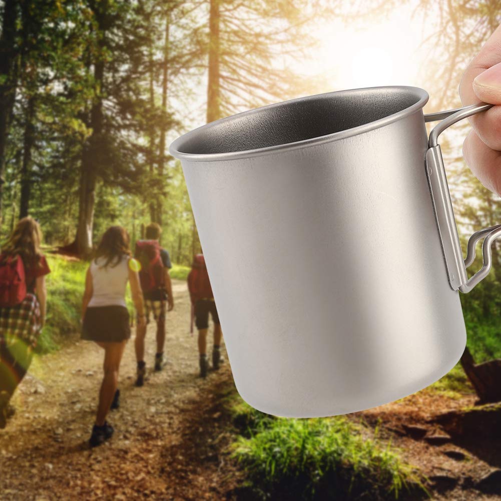 Tasse à café en titane 2 pièces, tasse de camping en titane avec couvercle poignée pliable tasse à café portable tasse à bière en métal 14.2 oz/420 ml