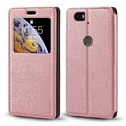 Shantime Viewable Window Leather Flip Case Compatible with Huawei Nexus 6P, Elegant Design Clear Display Invisible Magnetic Cover and Card Slot(Rose Gold)