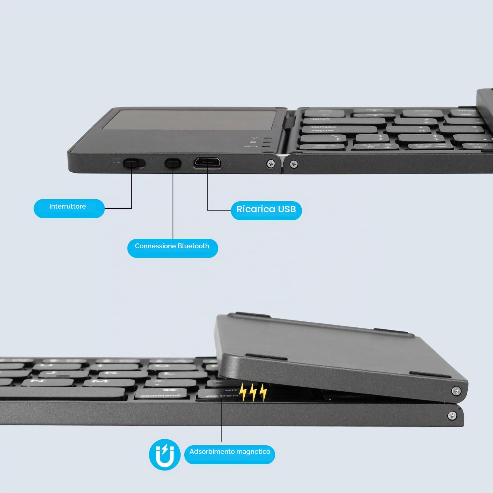 AURTEC tastiera pieghevole Bluetooth senza fili portatile con touchpad e batteria per PC, Tablet, Android, Smartphone, Grigio scuro (International keyboard layout)