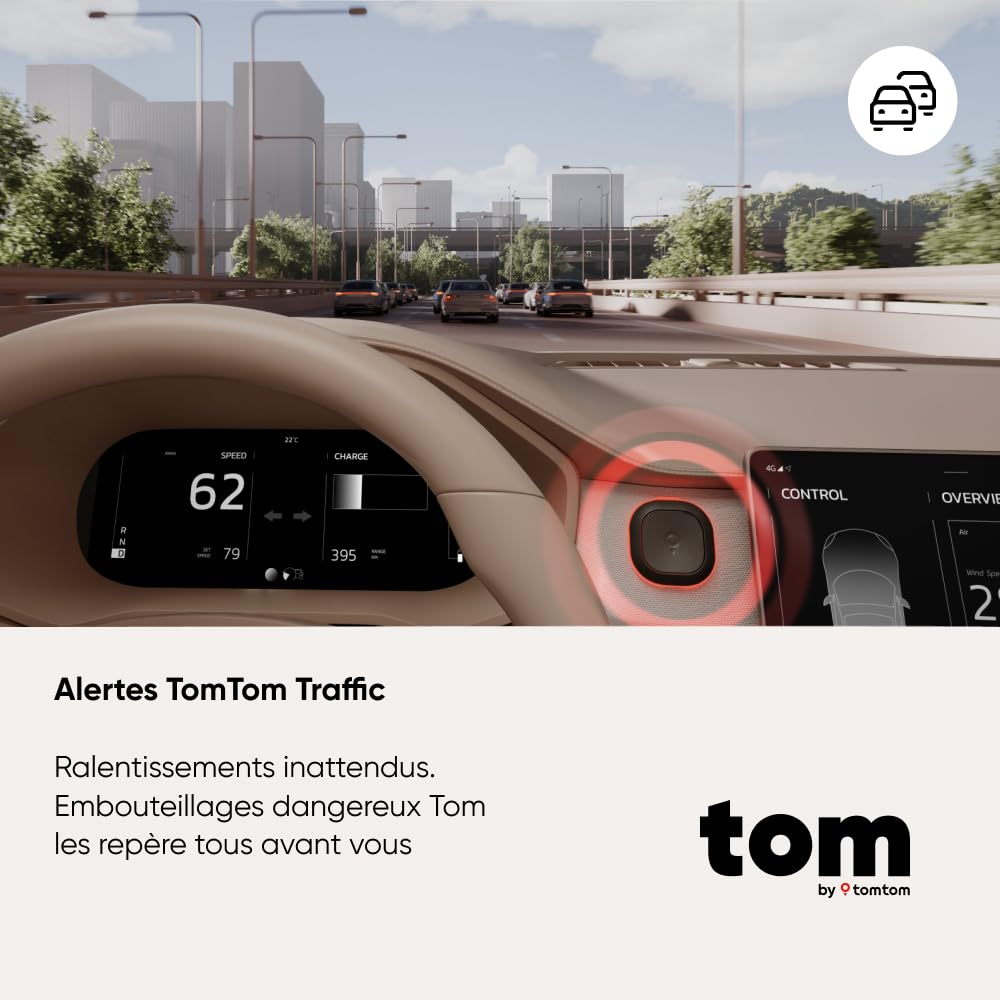 TomTom Assistant d'Aide à la Conduite - Alertes des Zones de Contrôle y Compris avec Radar - embouteillage | sans abonnement | CarPlay & Android Auto | Fabriqué en Europe |Tom by TT