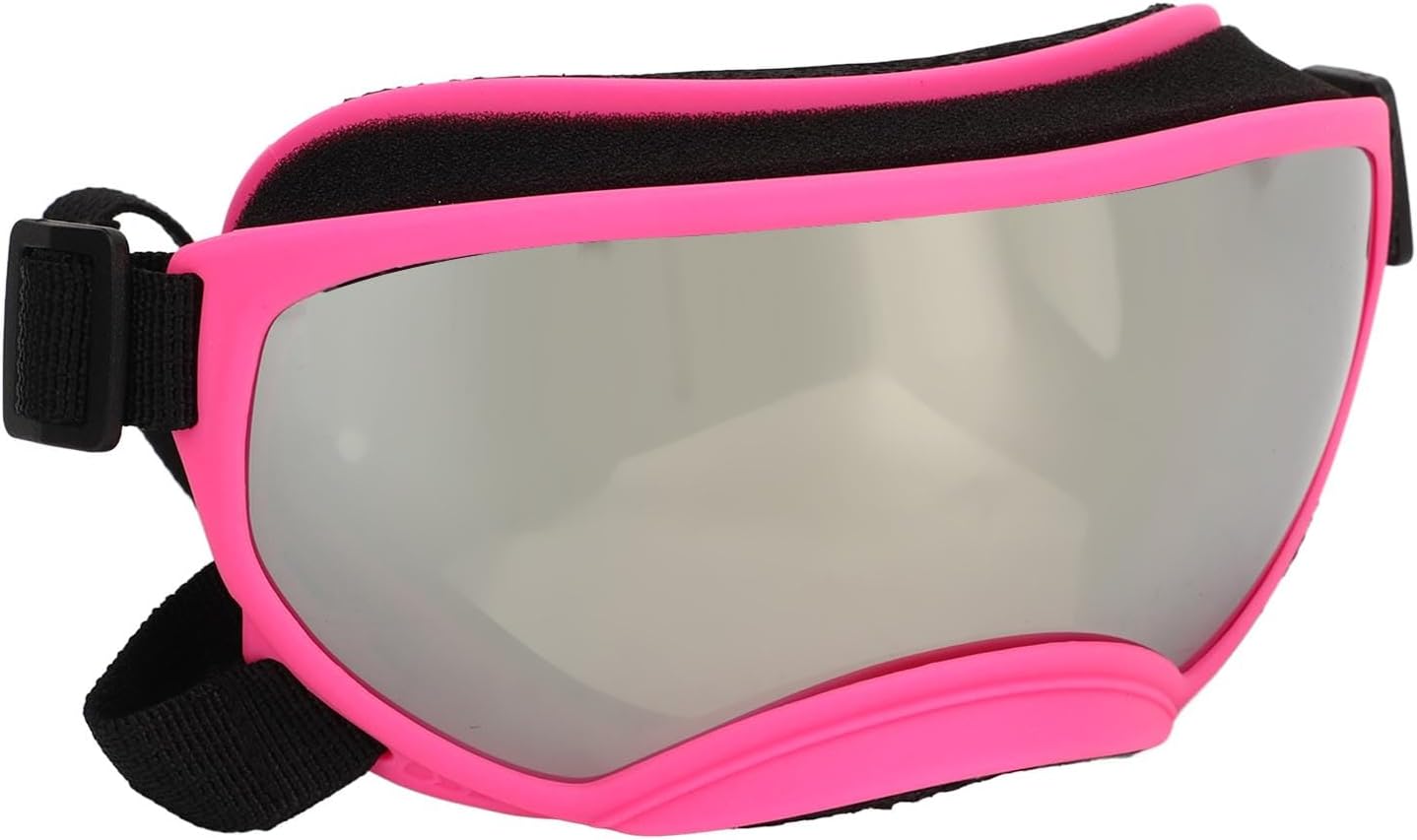 Pet Goggles, Dog Goggles Adjustable Strap Pink Frame Ultraviolet Proof Durable Soft for Outdoor (Silver Lens)