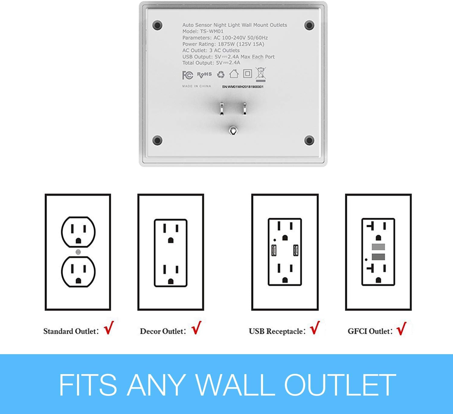 Multi Plug Outlet Extender with USB Wall Charger and Night Light, 3 Electrical Outlet Splitter 2 USB Phone Charger Wall Plug for Cruise Essentials, Multiple Power Outlet Expander with Charging Station