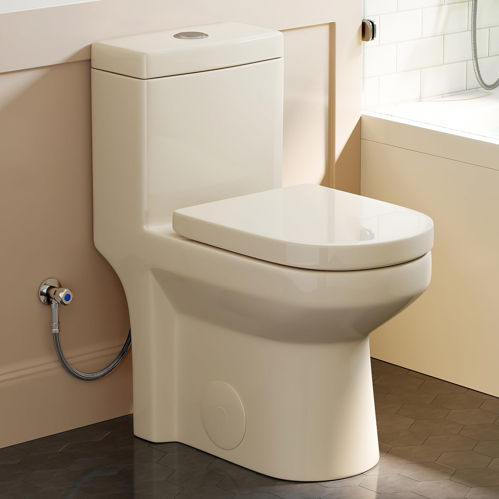 HOROW HWMT-8733 Small Compact One Piece Toilet with Soft Closing Seat, 1.1/1.6 GPF Powerful & Quiet Dual Flush Modern Toilet, 12'' Rough-In Bisque Toilet for Small Bathroom, 25
