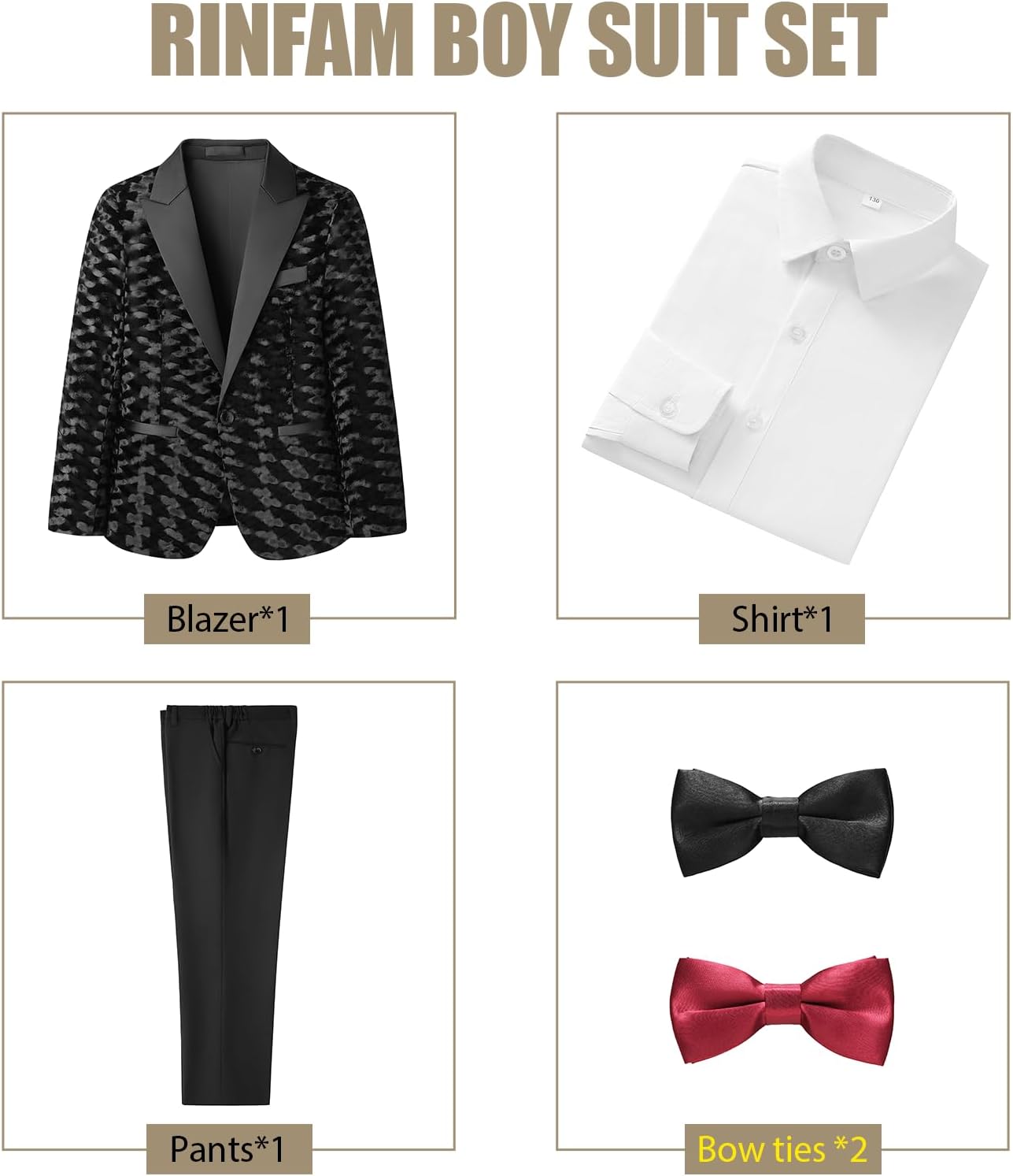 Boys Velvet Tuxedo Suit Set 5 Piece Formal Outfit with Jacket Pants Shirt and Bow Ties Slim Fit Blazer Sizes 4-18