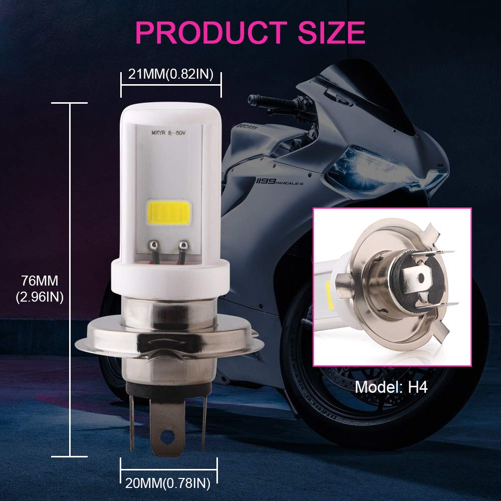 Qasim 2-Pack H4 LED Bombilla para faros delanteros de motocicleta Hi/Lo Beam 9003 Bombilla 12W 900 lúmenes COB blancos Chips de cerámica LED para faros de coche