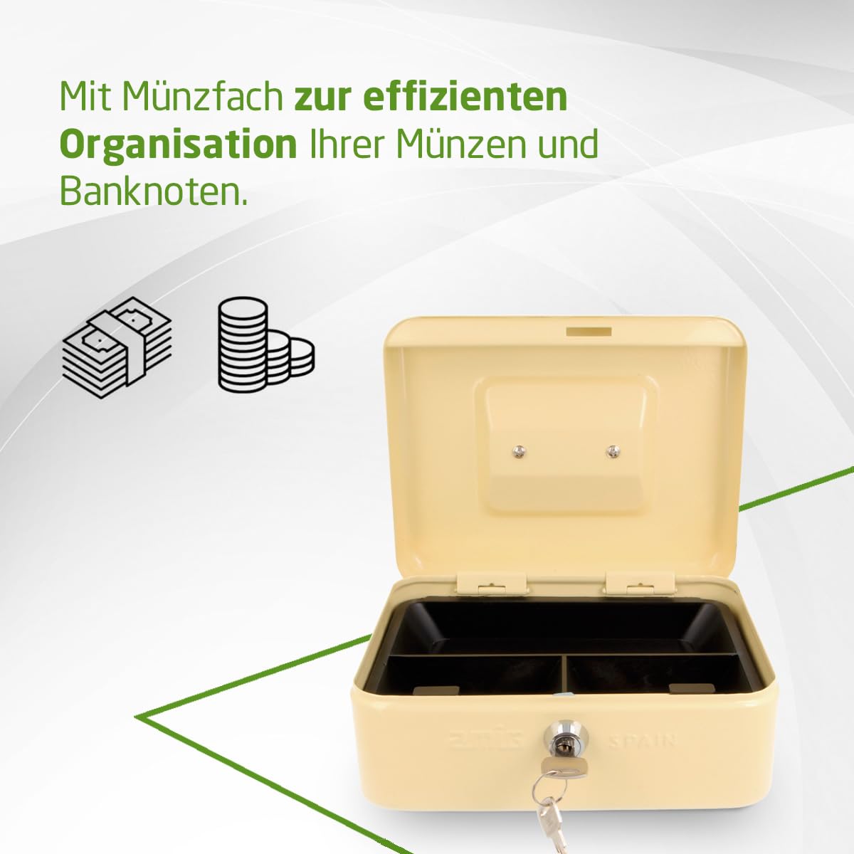 Amig - Sicher | Geldkassette | Safe für Geld, Scheine und Münzen | Mit Münzfach und 2 Schlüsseln | Stahl | Farbe: Elfenbein| 200 x 160 x 90 mm