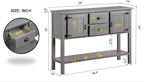 Miniatura 10 de Aparador de buffet de madera maciza de 48 pulgadas, mesa consola de granja con estante inferior, armario de almacenamiento de estilo retro para