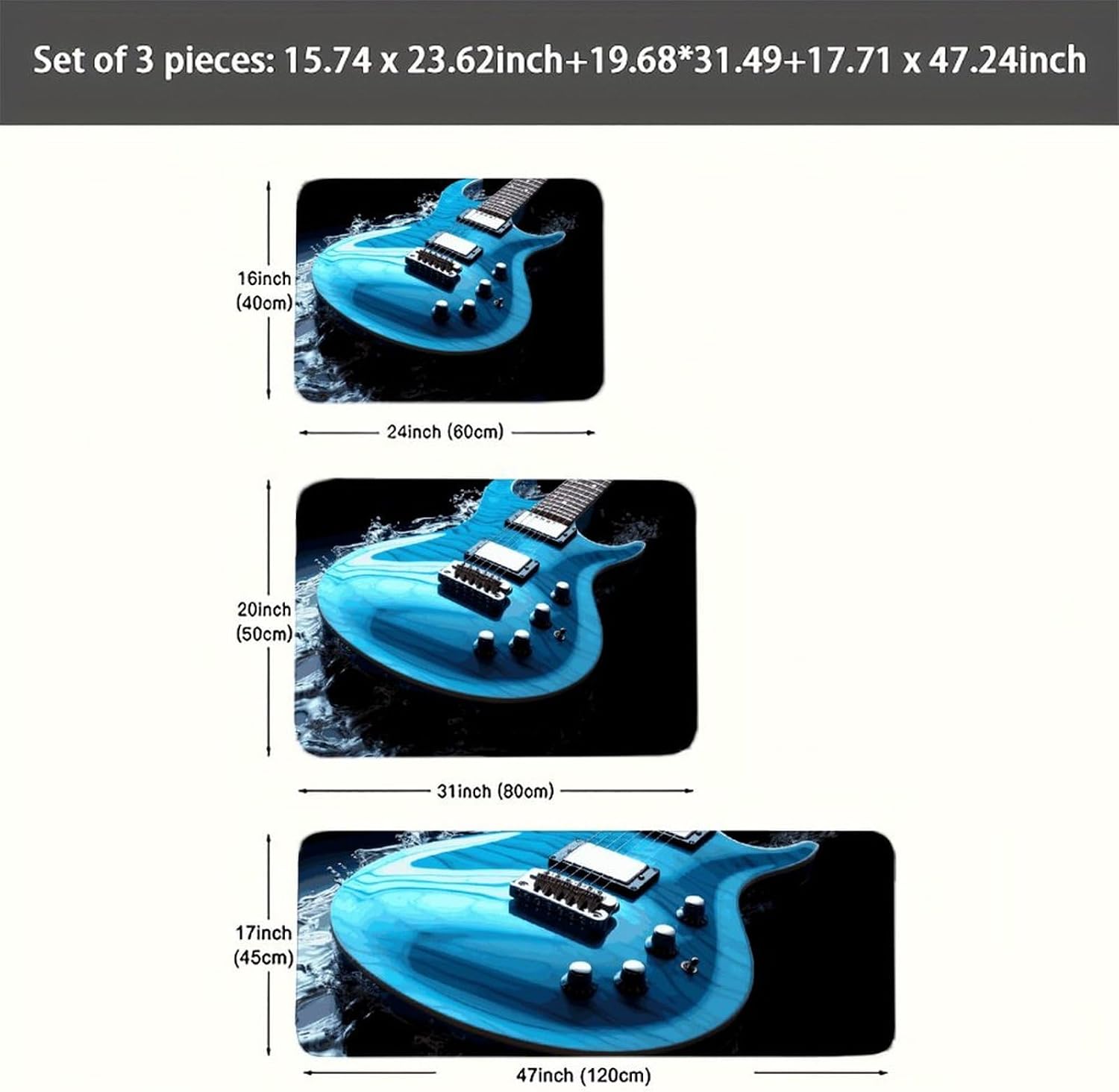 Blue Guitar Kitchen Mats for Floor 3 Pcs Kitchen Rugs