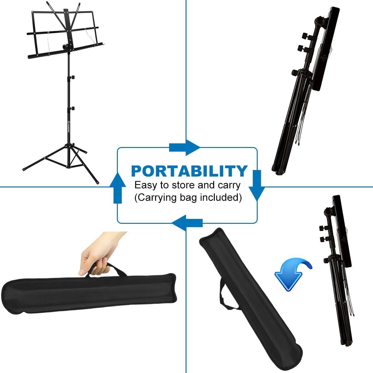 Music Stand, Kasonic 2 in 1 Dual-Use Folding Sheet Music Stand & Desktop Book Stand, Portable and Lightweight with LED Light/Music Sheet Clip Holder/Carrying Bag Suitable