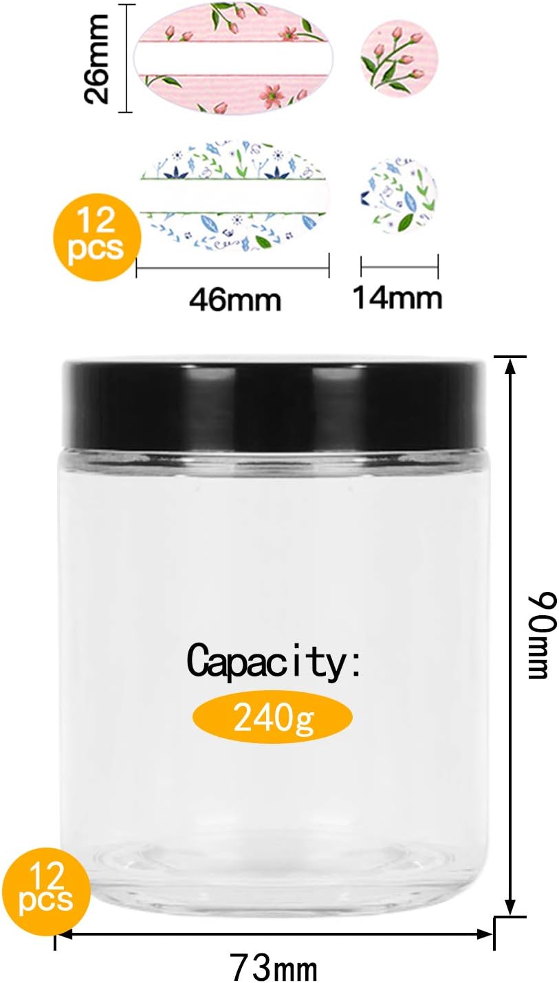 STARSIDE 12 Pack 8 oz Amber Glass Jars with Black Lids,Round Jars for Cosmetics and Face cream Lotion.