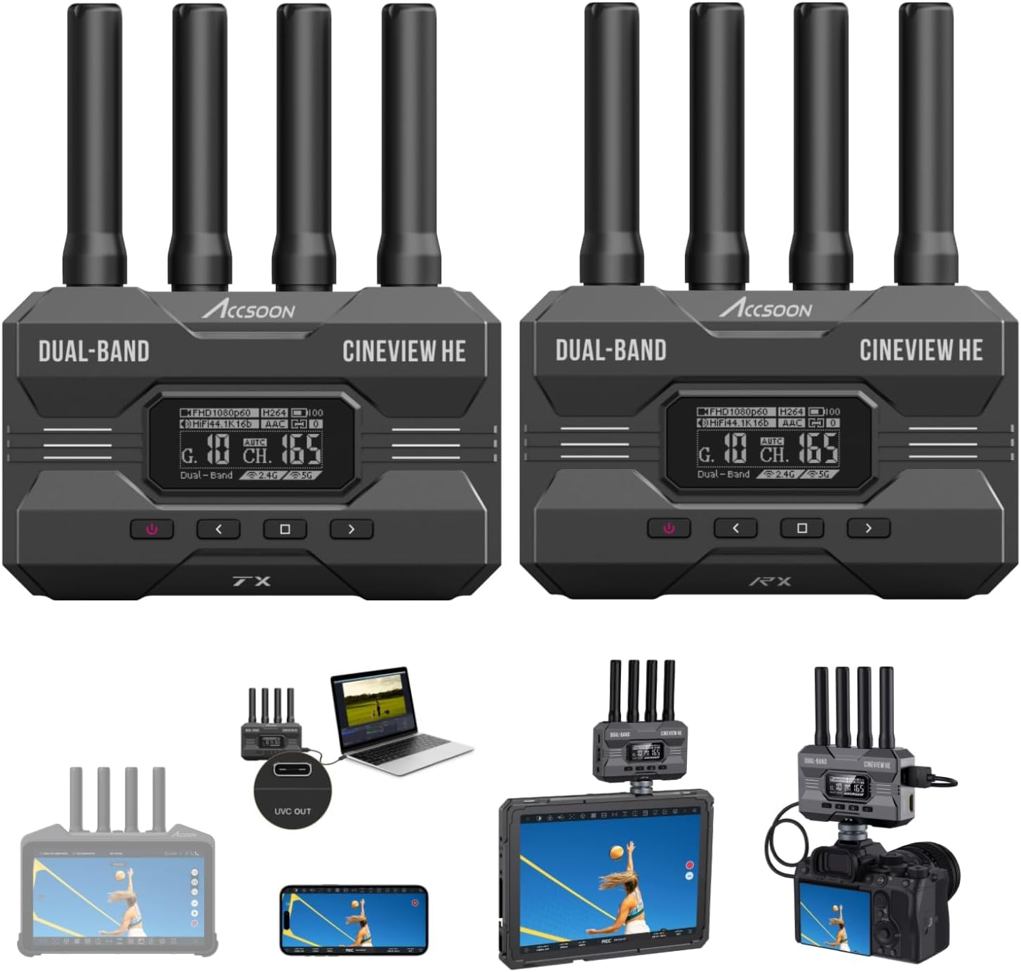 Accsoon CineView HE Wireless Video Transmitter & Receiver(HDMI), 2.4G+5G Dual-Band 1200ft/350m Range, 0.06s Low Latency, up to 4 Monitor Devices, UVC Output, for Live Streaming, Camera, Filmmaking