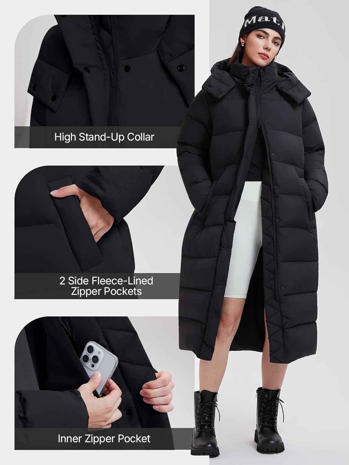 Women's 800FP Long Down Puffer Coat with Cinched Waist, Water-Resistant Winter Jacket with Removable Hood for Outdoor - Image 6
