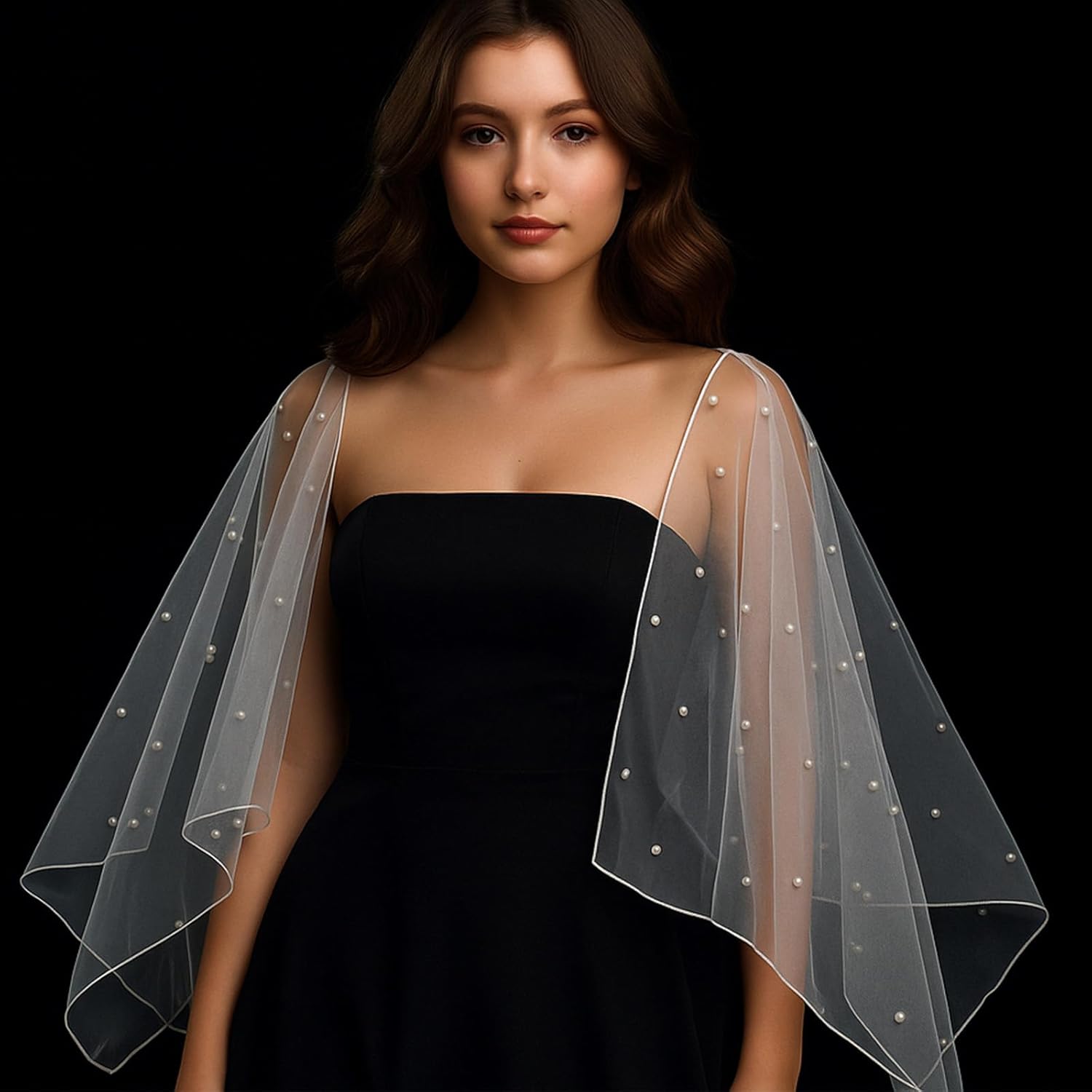 Pearl Sheer Shawl, White Pearl Shawl Soft Tulle Bridal Cape Wedding Scarf Lightweight Women Dress Topper for Evening Dresses Wedding, Formal Party - Image 2