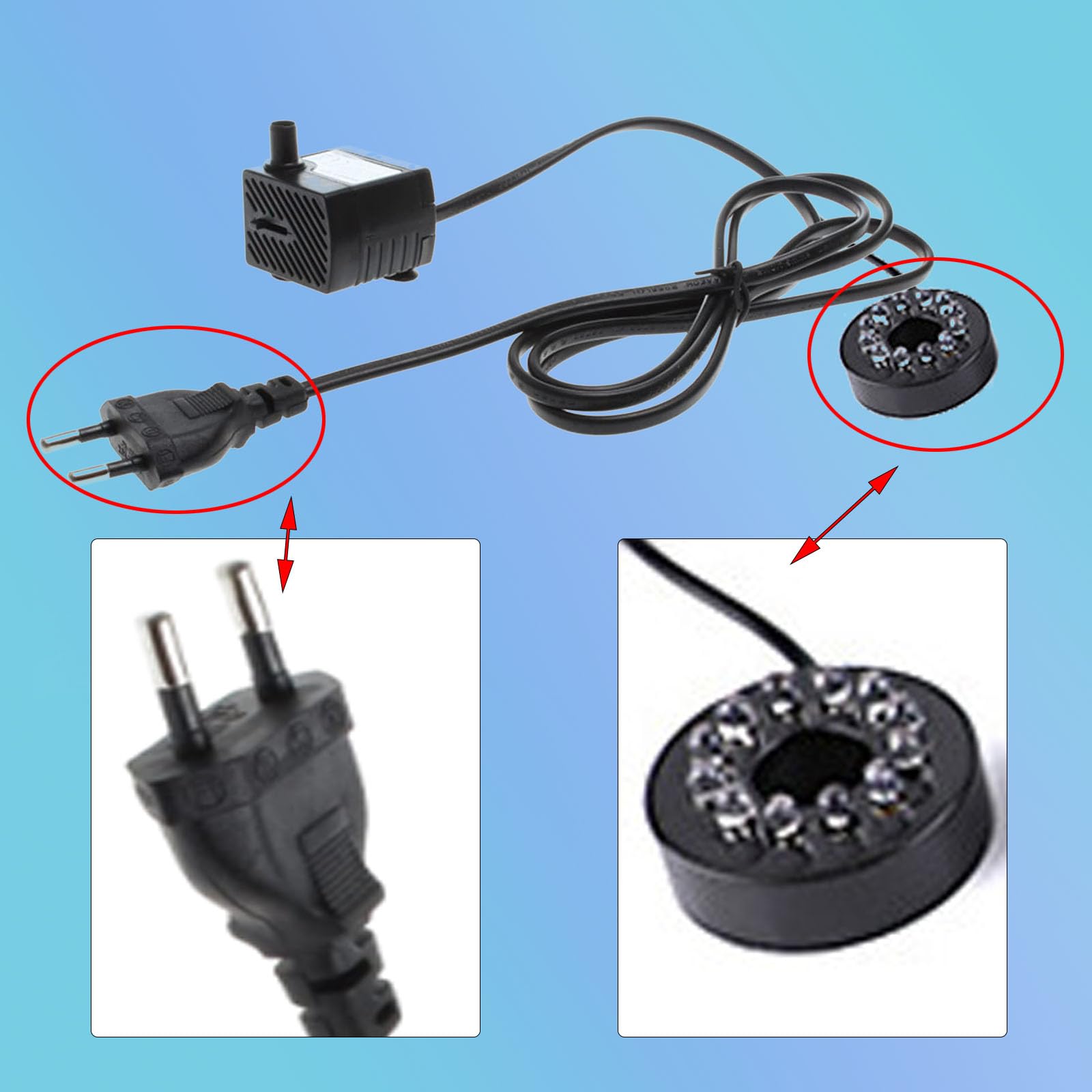 Mini pompa wodna 280 l/h, 4 W, pompa zanurzeniowa do akwarium z 8 diodami LED | Cicha pompa wodna LED z 2 dyszami, przyssawkami i regulowaną ilością wody do małych akwariów, ogrodów i zabaw wodnych