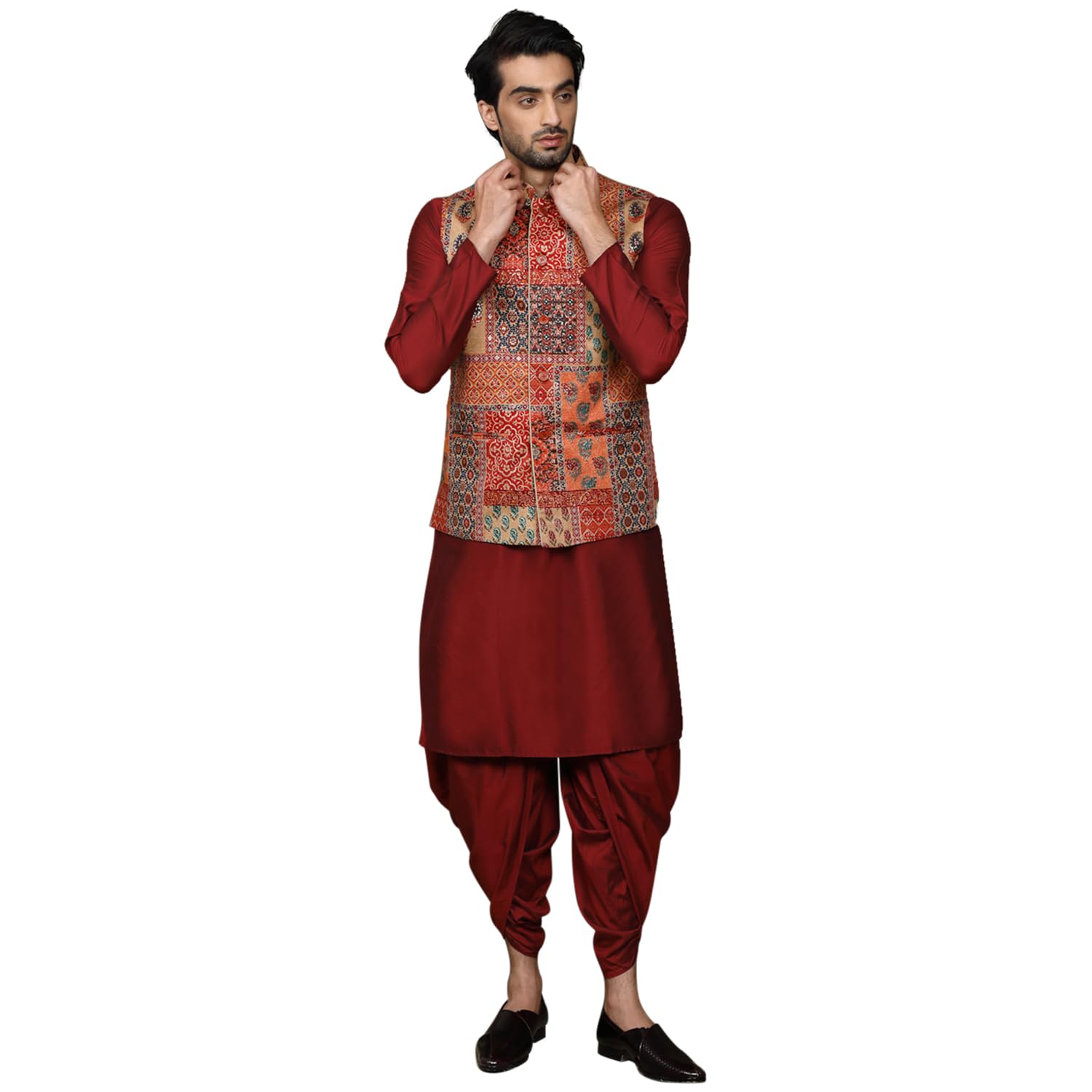 kisah Men's Ethnic Wear Regular Fit Cotton Blend Printed Multi-Maroon Kurta Dhoti Pants and Jacket Set-picture-38