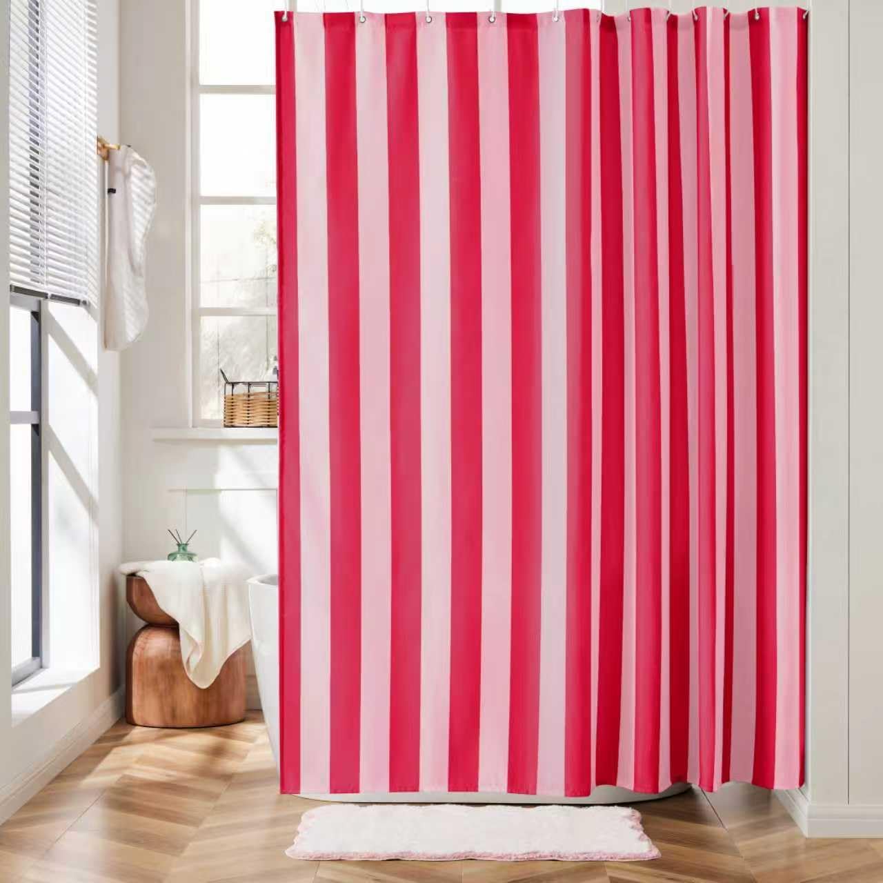 Vertikal gestreifter Duschvorhang, rot, niedlicher Retro-Vintage-Streifen-Badezimmervorhang im Landhausstil, wasserdichtes Polyestergewebe, 240 x 190 cm (B x H)