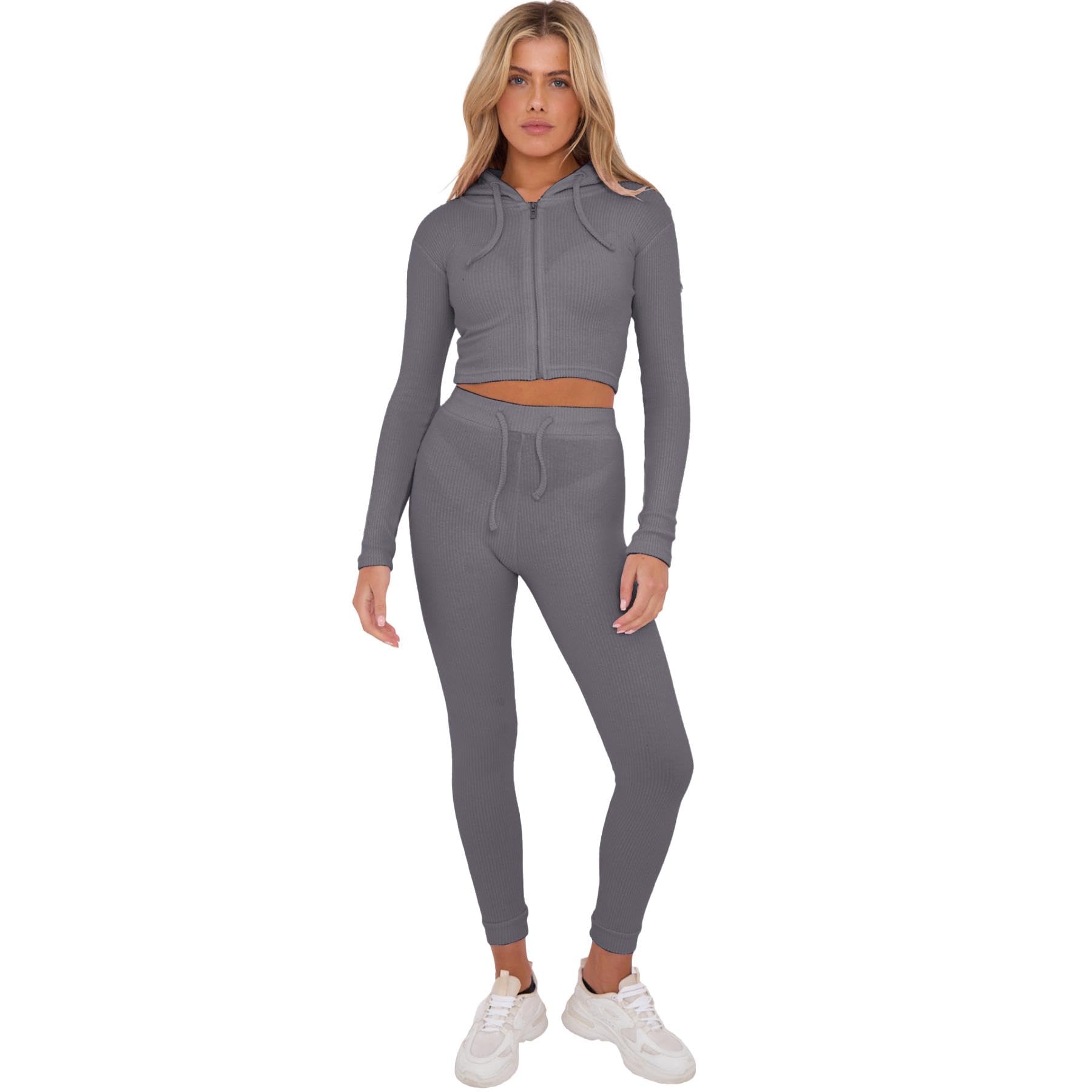 Set coordinato a coste da donna, set casual da salotto da donna UK con top corto con zip e leggings a vita alta con coulisse in vita, set da palestra, tute da donna per corsa e ciclismo