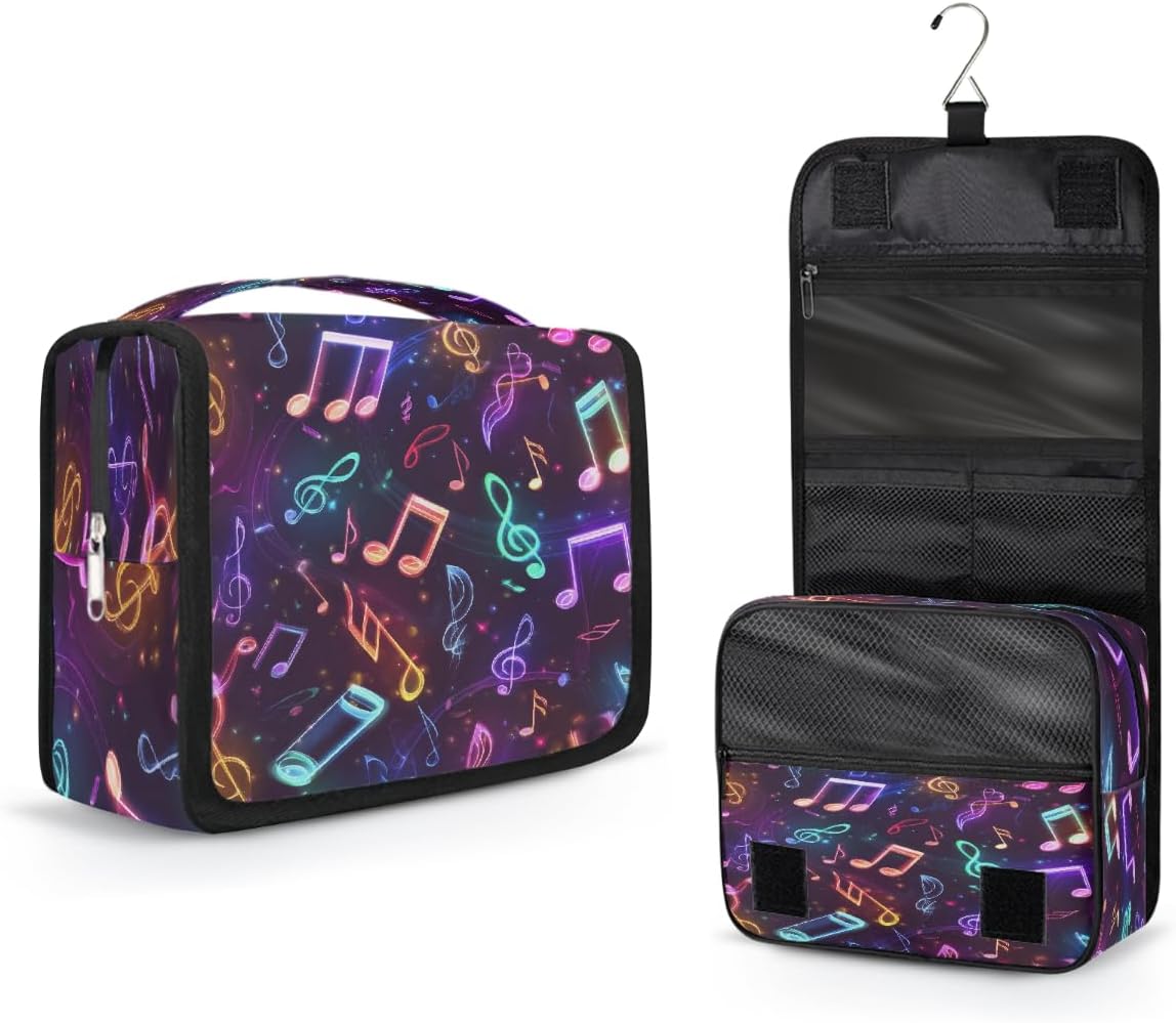 Portable Travel Makeup Bag with Hanging Hook, Colorful Music Notes Toiletry Bag for Men Women Cosmetic Organizer Gym Shower Bathroom