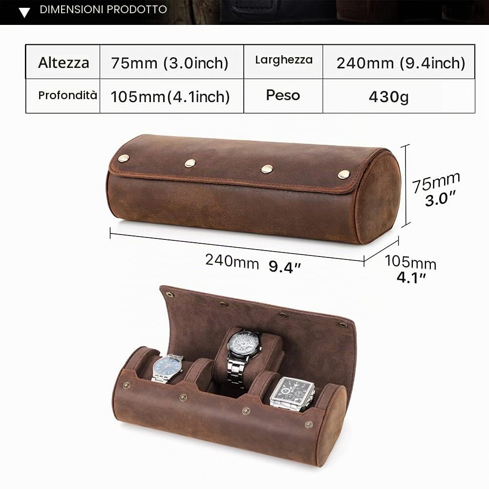 Contacts, Custodia per orologi e gioielli in vera pelle, cilindrica, protettiva, da viaggio, con cuscinetto cilindrico e morbida fodera (Caffè 2, per 3 orologi)