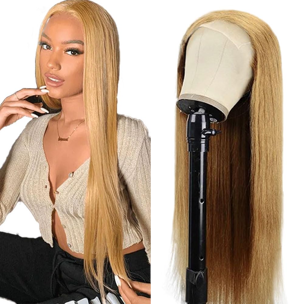 Weeybay #27 Honey Blonde Color Straight 4x4 Lace Front Wigs 30 Inch 180% Density Doubles Weft 100% Unprocessed Glueless Transparent Lace Human Hair Wig For Women