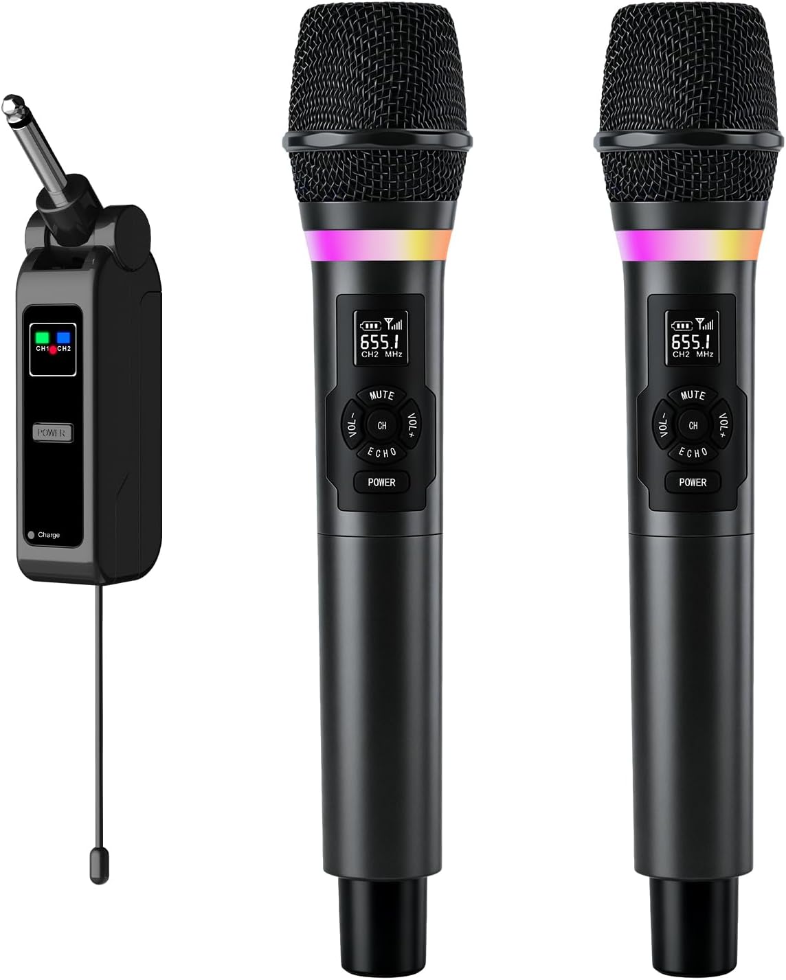 Wireless Microphone, Dual Handheld 2.4G Dynamic Mic with Rechargeable Receiver，Professional Karaoke Microphone, Dual Vocal Pickup with mute echo,treble,bass control , for Singing, Speech, PA System