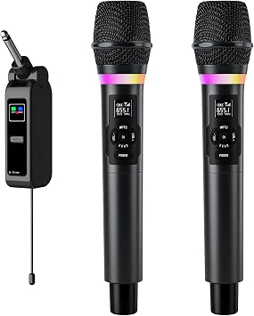 Wireless Microphone, Dual Handheld 2.4G Dynamic Mic with Rechargeable Receiver,Professional Karaoke Microphone, Dual Vocal Pickup with mute echo,treble,bass control , for Singing, Speech, PA System