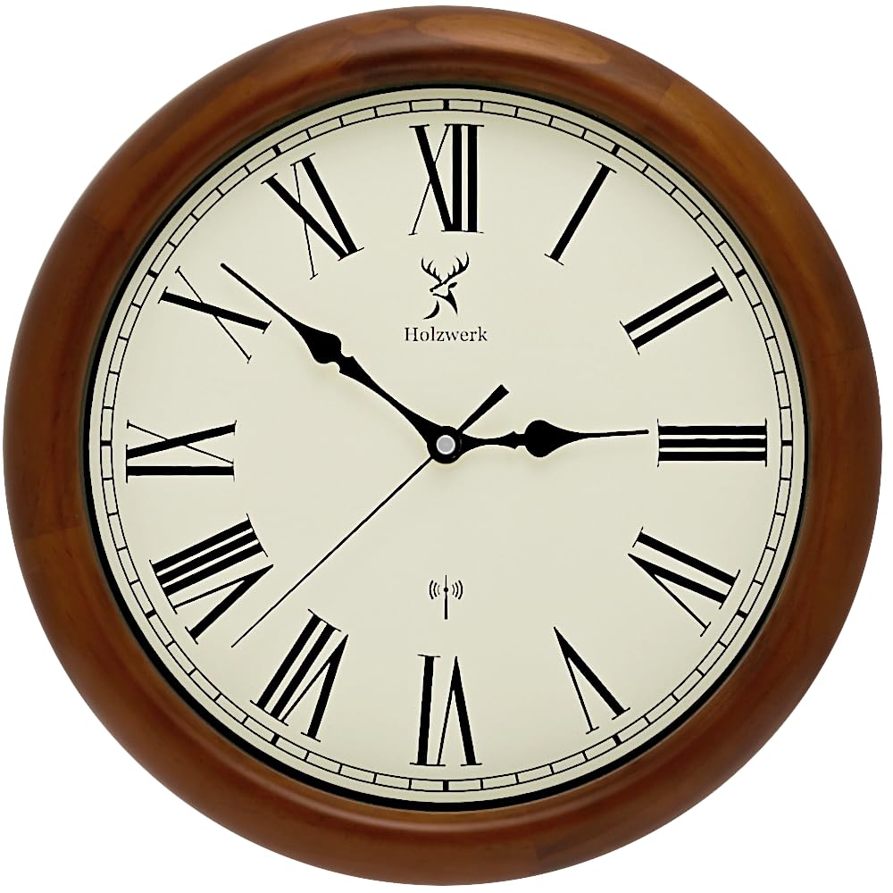 Horloge murale radio-pilotée en bois naturel vintage 35 cm de haute ébénisterie