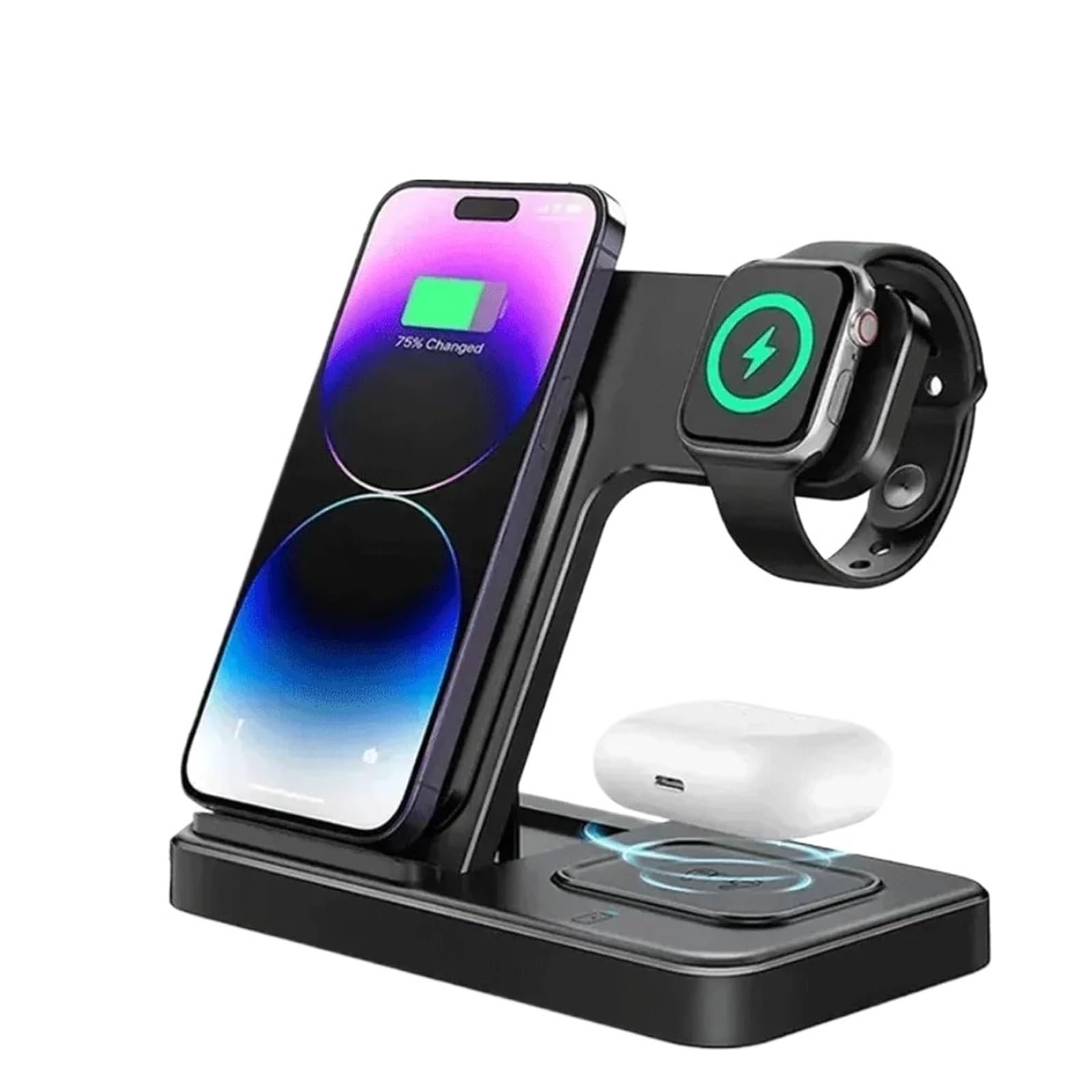Składana ładowarka do szybkiego ładowania 30 W, stojak, 3 w 1, bezprzewodowa stacja ładująca do iPhone 16, 15, 14, 13, 12 Pro, AirPods, iWatch 1-9 (biała z wtyczką US)